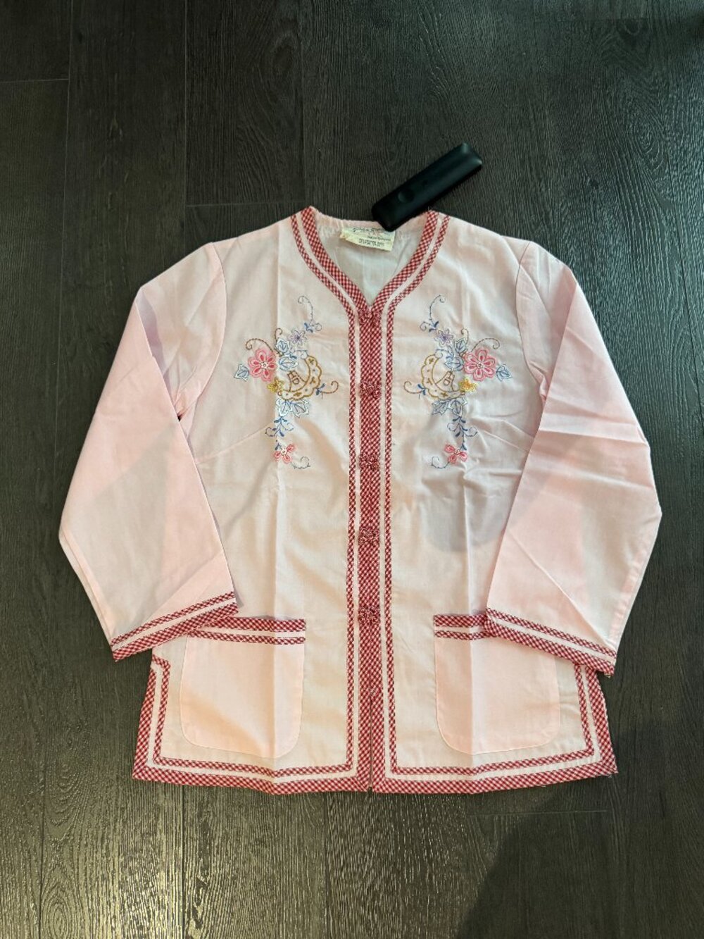 vintage chinese chinoiserie cotton polyester top embroidery pink red XS